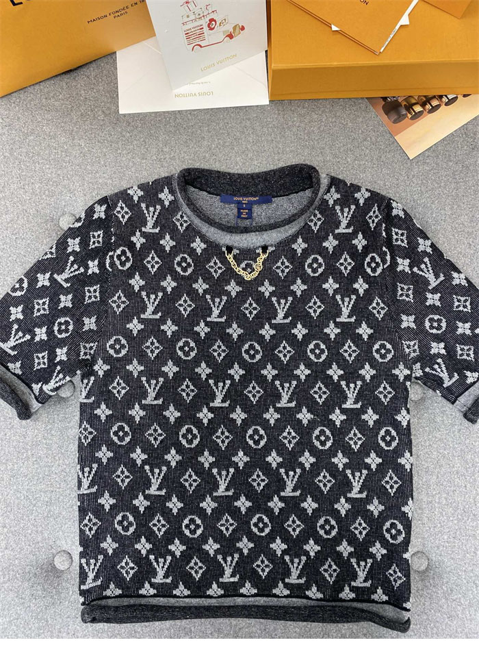 루이비통 모노그램 로고플레이 자카드 코튼 울 반팔 니트