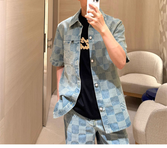 루이비통 다미에 3D 라이트 데님 숏 슬리브드 셔츠