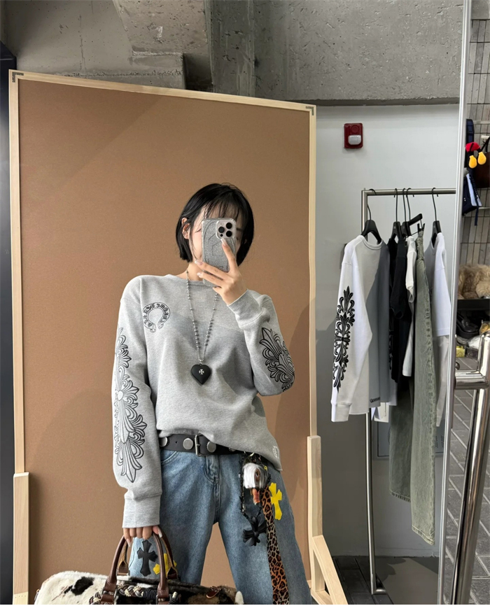 크롬하츠 홀스슈 플로럴 슬리브 와플 써멀 티셔츠