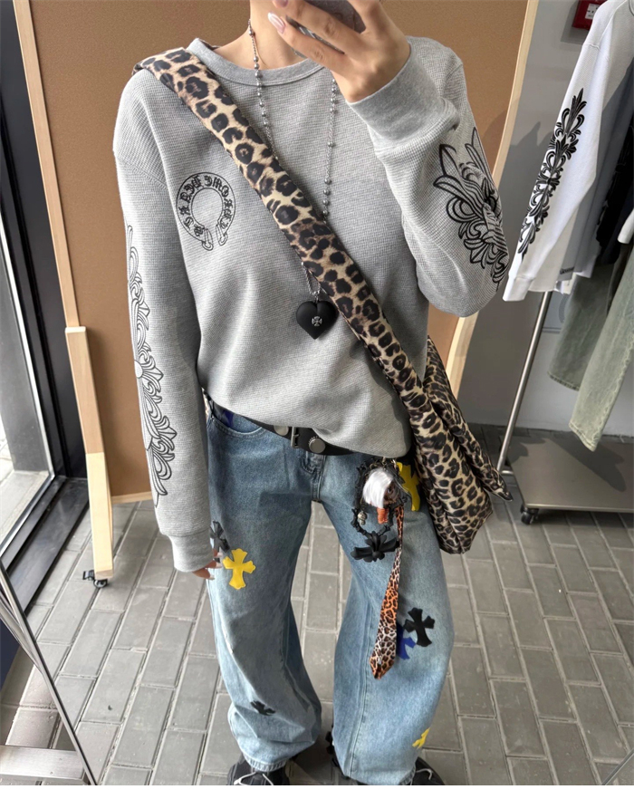 크롬하츠 홀스슈 플로럴 슬리브 와플 써멀 티셔츠