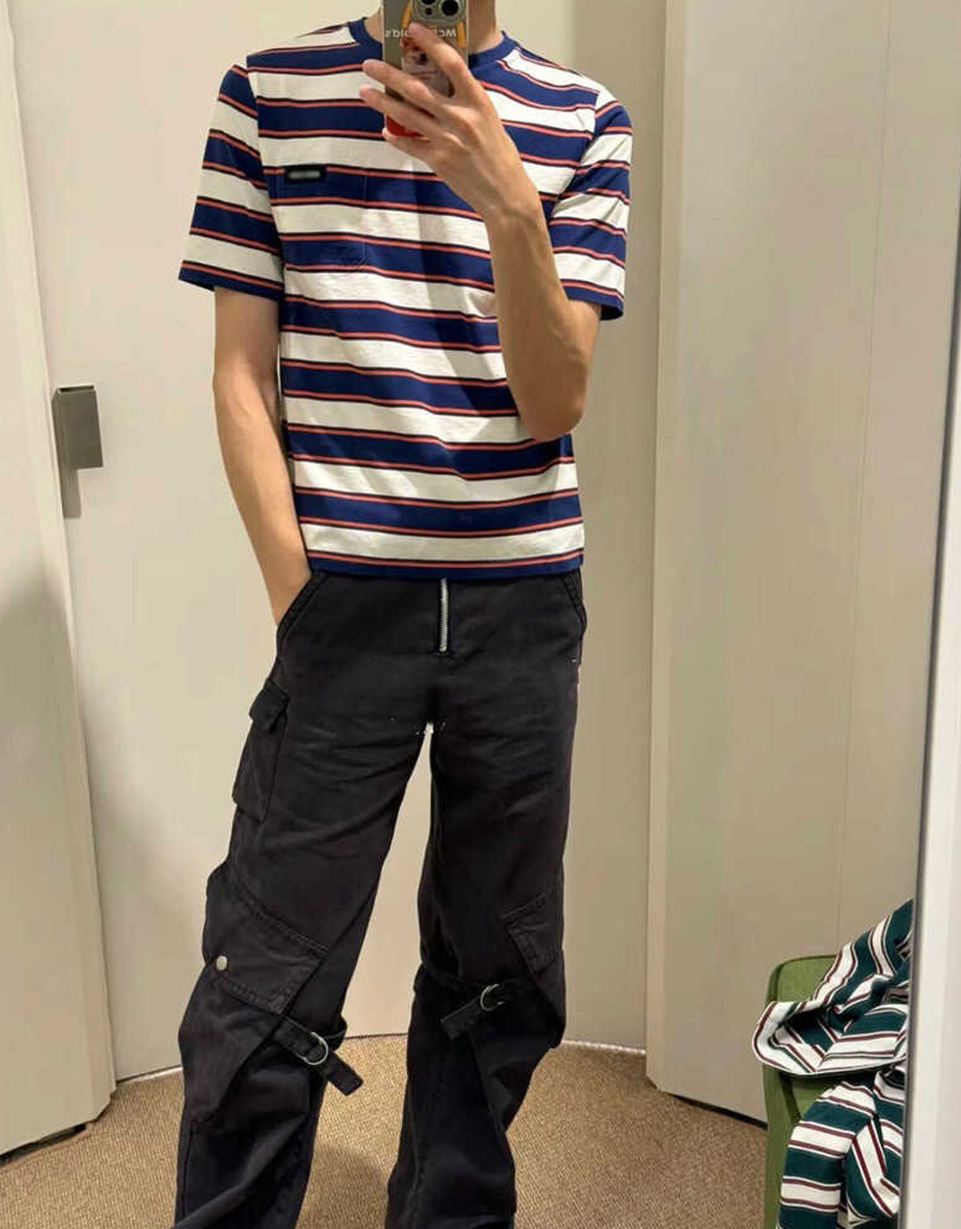 미우미우 로고 패치 스트라이프 코튼 반팔 티셔츠