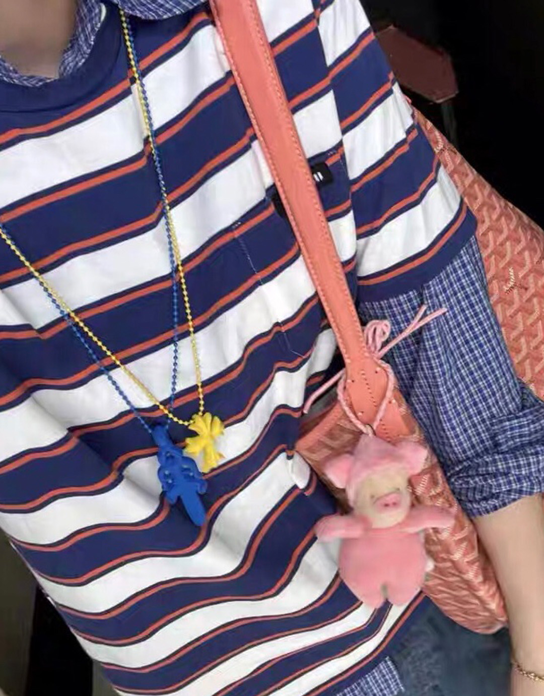 미우미우 로고 패치 스트라이프 코튼 반팔 티셔츠