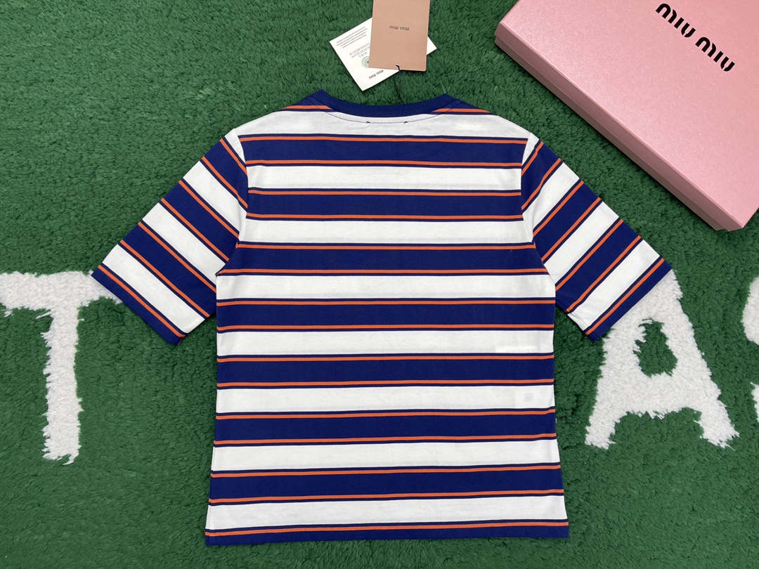 미우미우 로고 패치 스트라이프 코튼 반팔 티셔츠