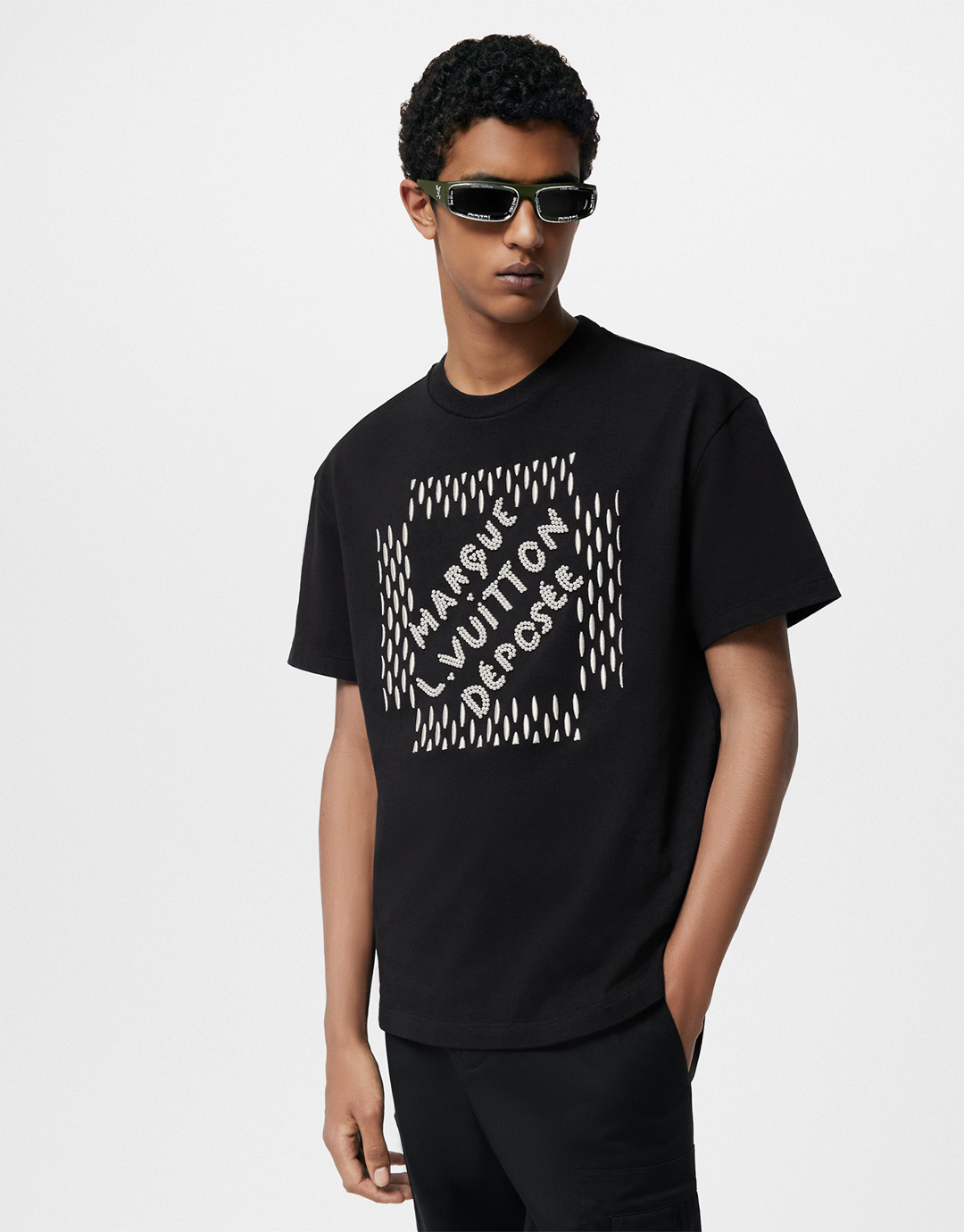 루이비통 24SS 엠브로이더드 시그니처 비즈 디테일 반팔 티셔츠 블랙