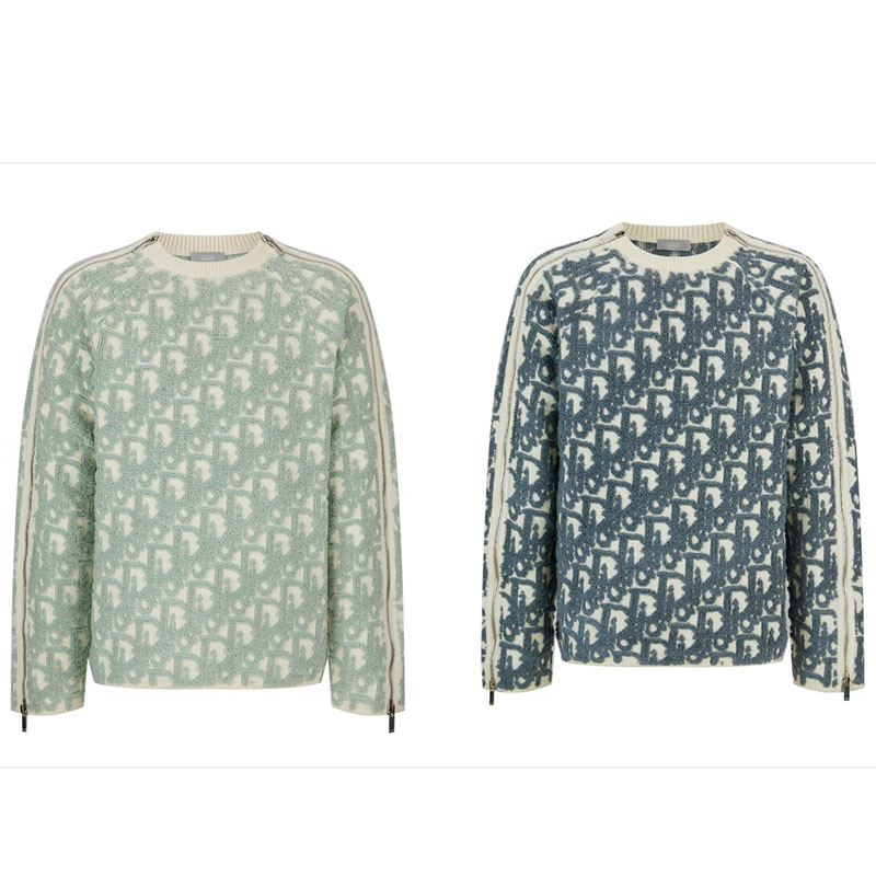 디올 오블리크 버진 울 코튼 블렌드 슬리브 지퍼 자카드 스웨터