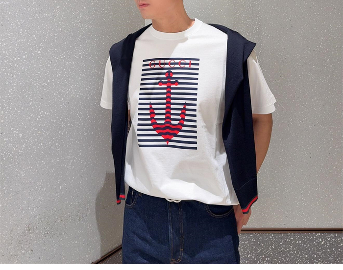 구찌 닻 모티브 메종 로고 프린트 코튼 저지 반팔 티셔츠