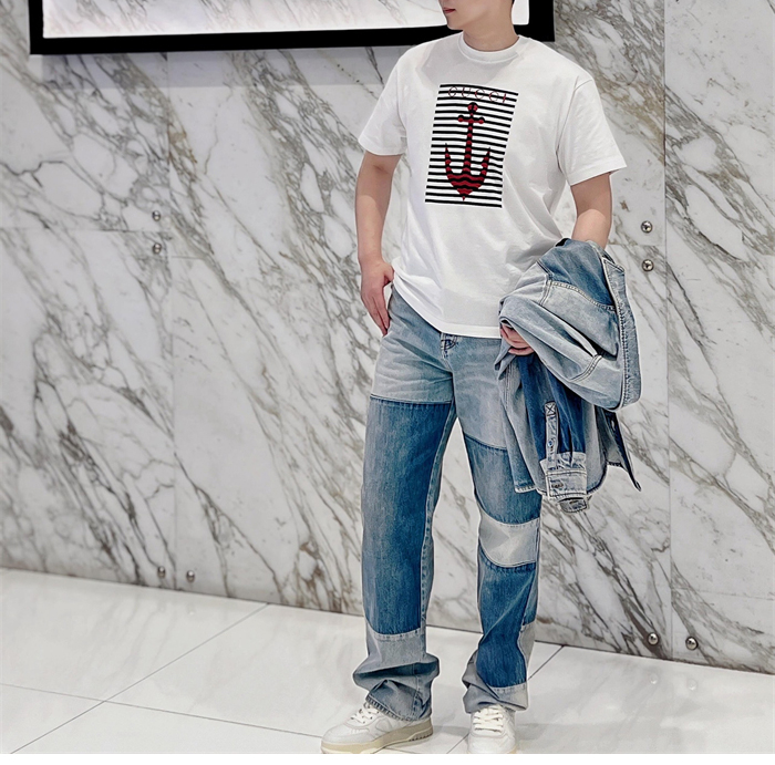 구찌 닻 모티브 메종 로고 프린트 코튼 저지 반팔 티셔츠