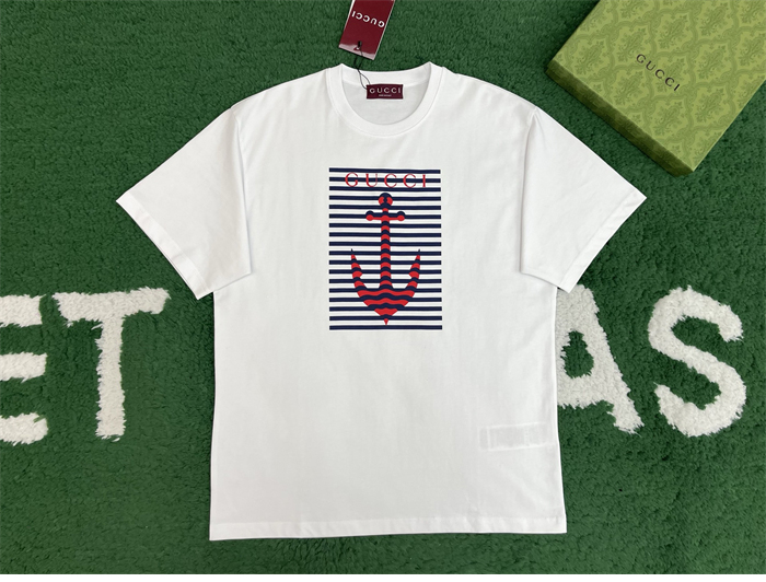 구찌 닻 모티브 메종 로고 프린트 코튼 저지 반팔 티셔츠