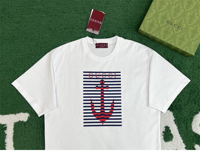 구찌 닻 모티브 메종 로고 프린트 코튼 저지 반팔 티셔츠