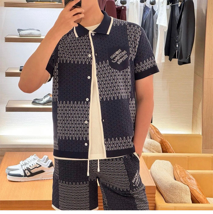 루이비통 MLVD 다미에 자카드 숏 슬리브드 코튼 셔츠