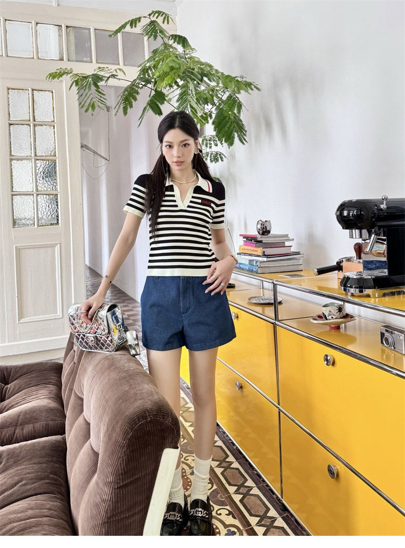 구찌 로고 스트라이프 코튼 블렌드 폴로 셔츠