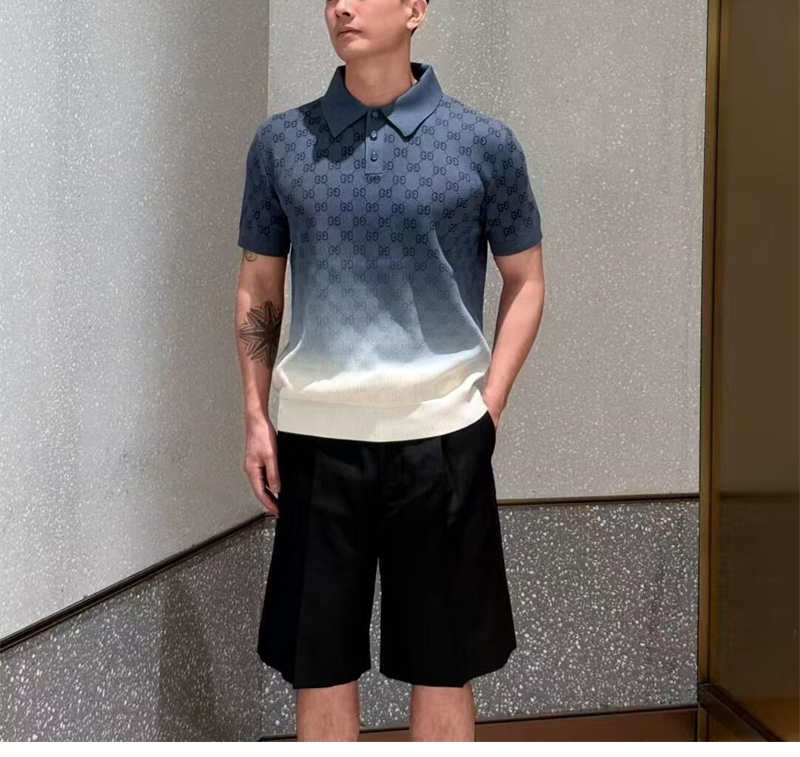 구찌 그라데이션 GG 코튼 니트 자카드 폴로 셔츠