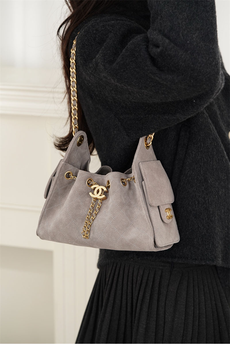 샤넬 26C 25 미니 핸드백 그레이 스웨이드 카프스킨
