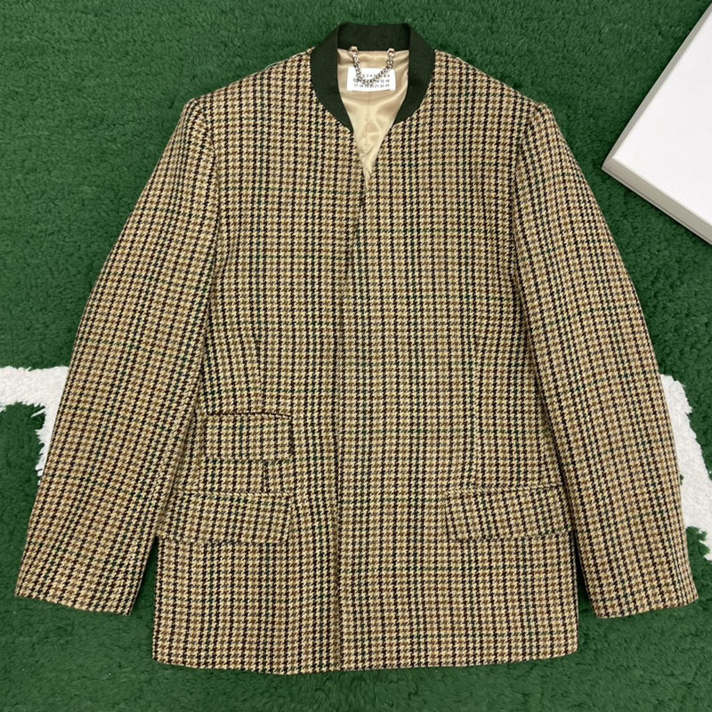 메종마르지엘라 체크 울 브이넥 히든 자켓