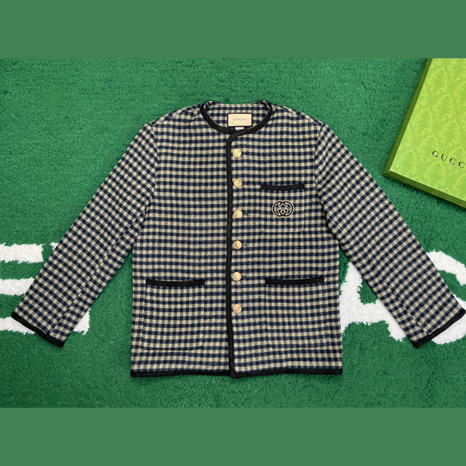 24SS구찌 인터로킹 G 울 깅엄 체크 재킷 블랙