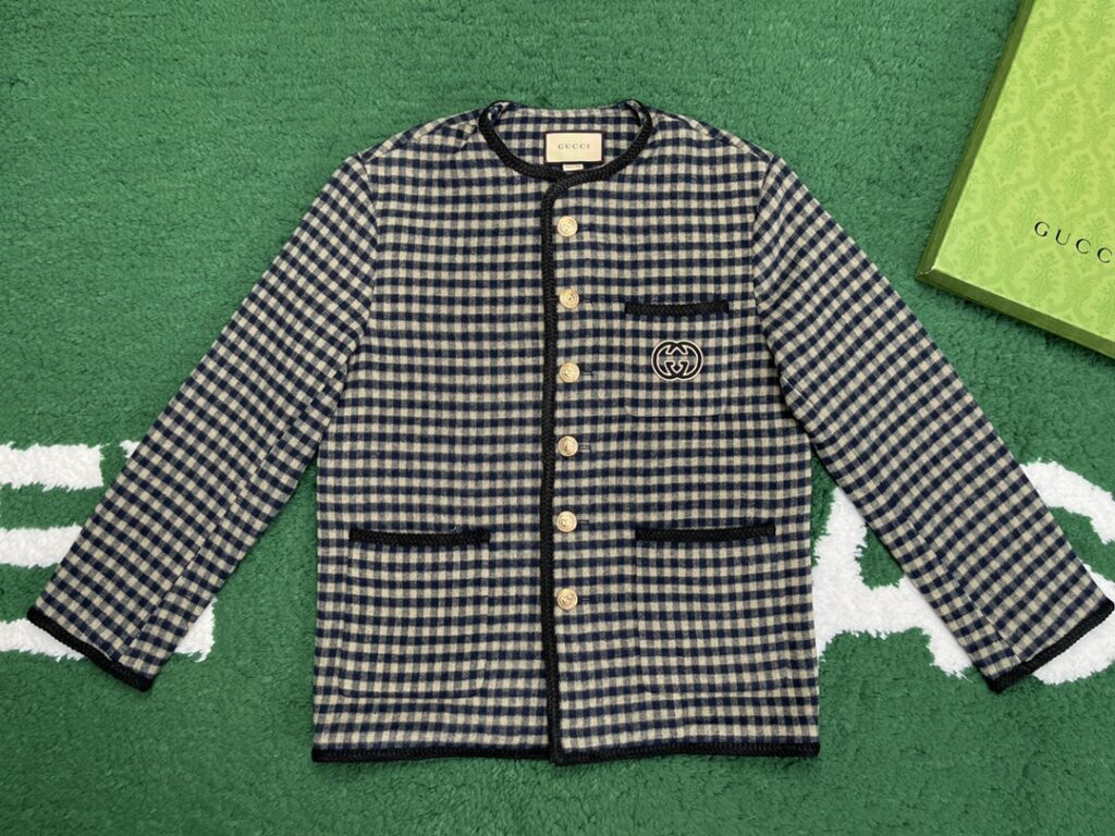 24SS구찌 인터로킹 G 울 깅엄 체크 재킷 블랙