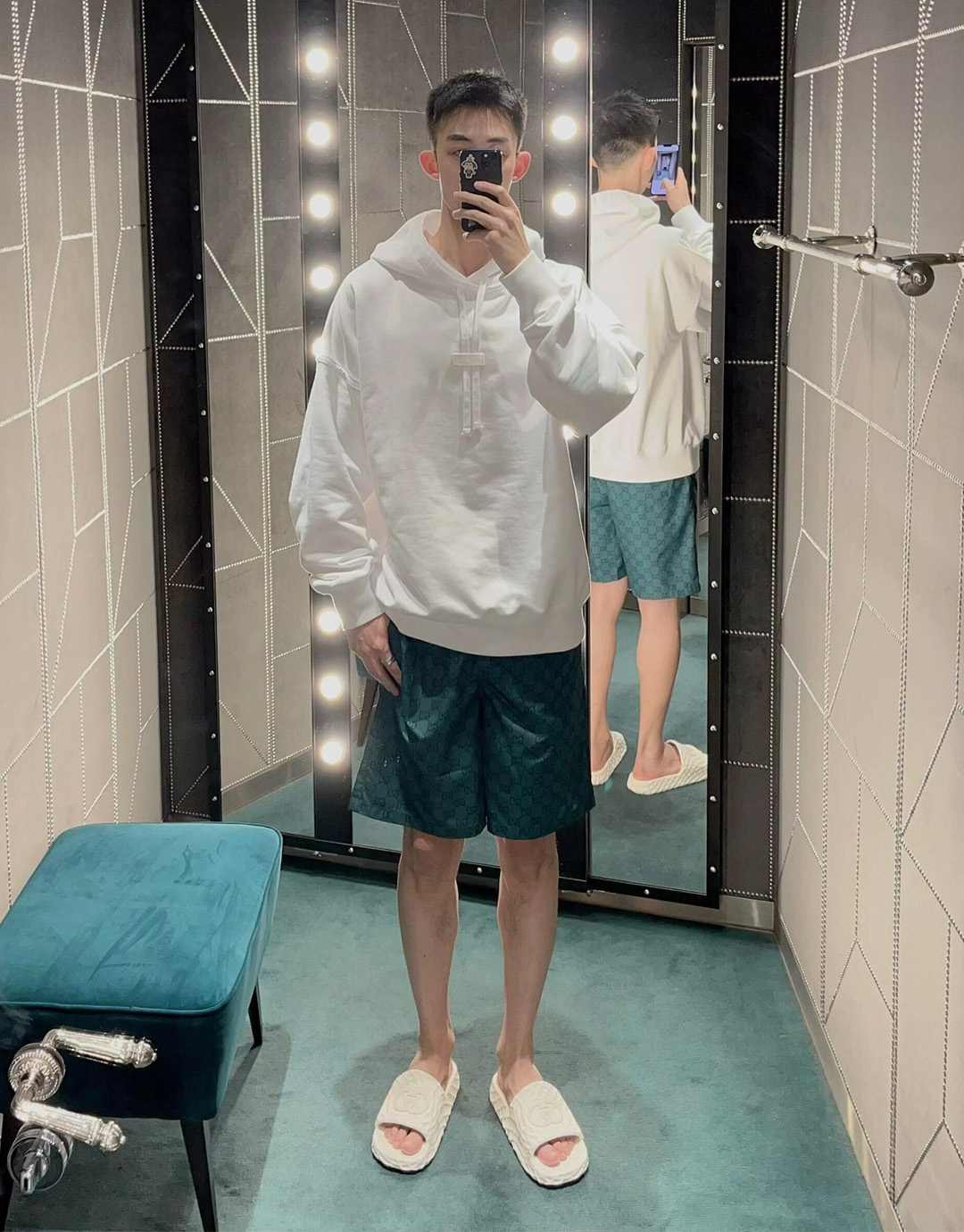 구찌 그린 GG 로고 프린트 나일론 스윔 쇼츠