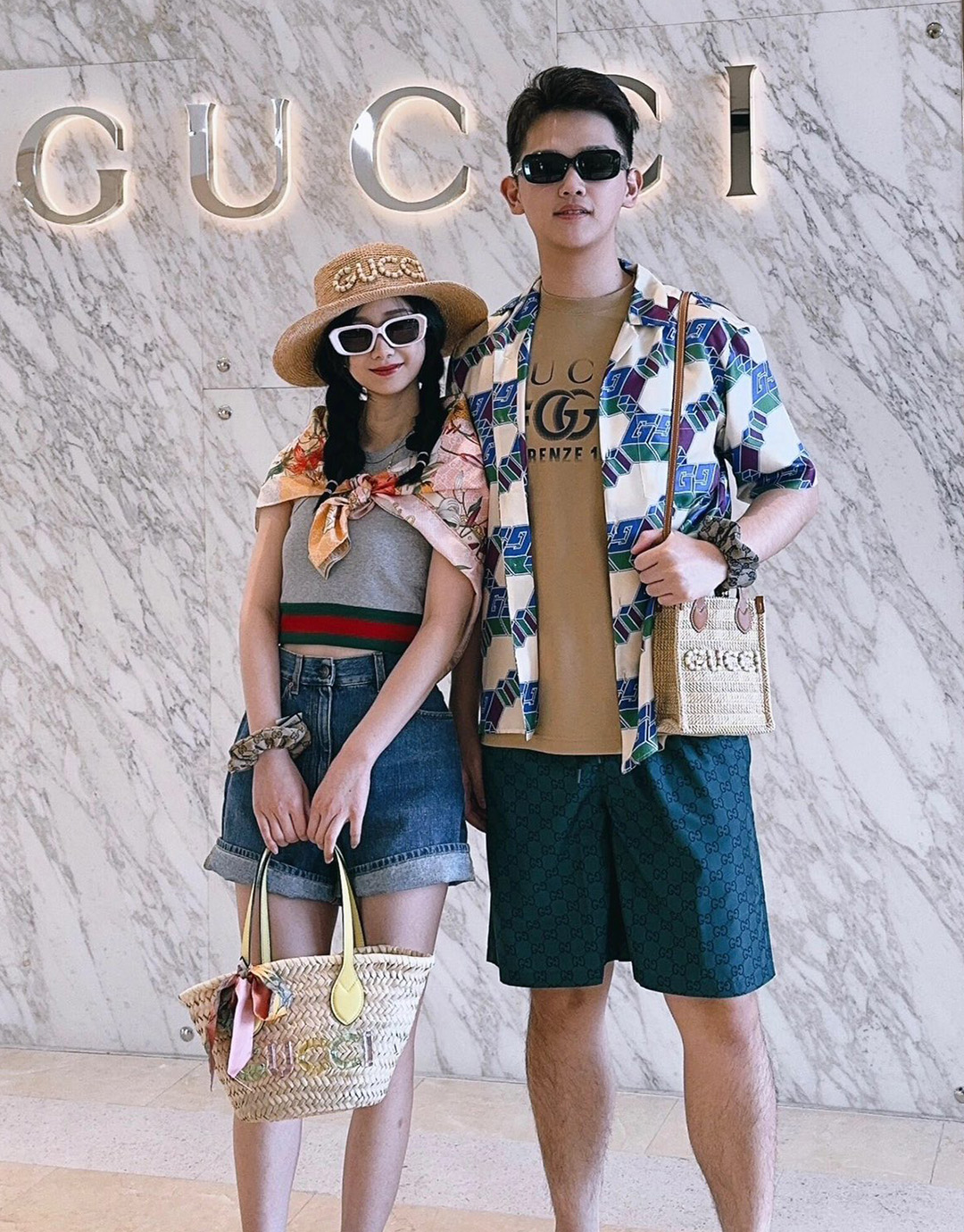 구찌 그린 GG 로고 프린트 나일론 스윔 쇼츠