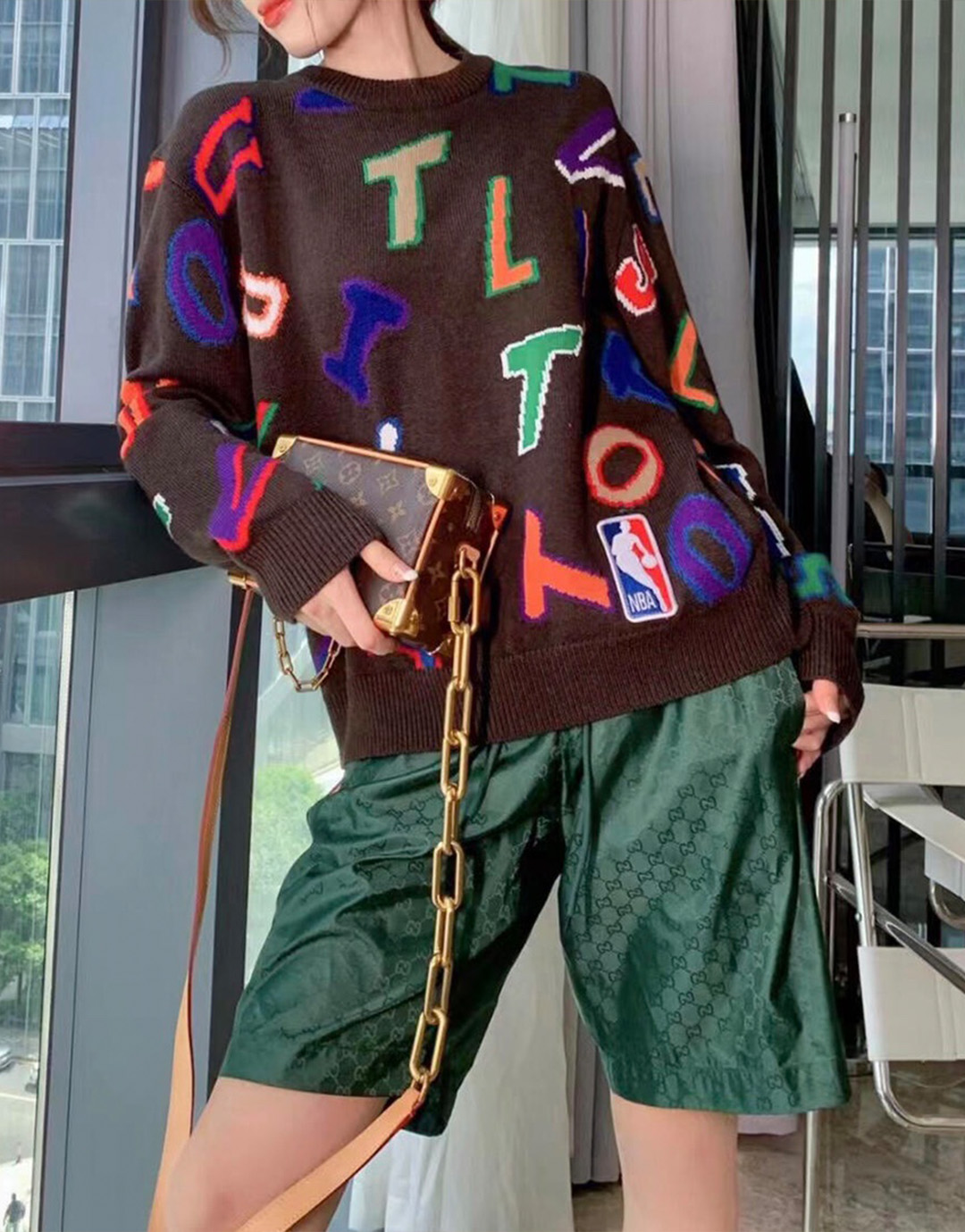 구찌 그린 GG 로고 프린트 나일론 스윔 쇼츠