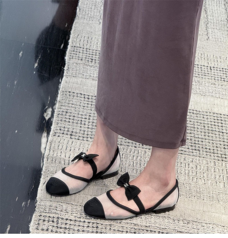 샤넬 25B 리본 메쉬 메리제인 슈즈 메쉬 그로그랭 화이트/블랙