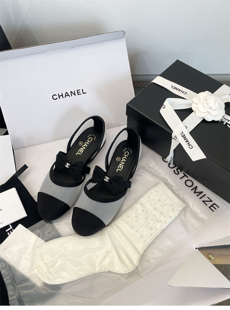 샤넬 25B 리본 메쉬 메리제인 슈즈 메쉬 그로그랭 화이트/블랙