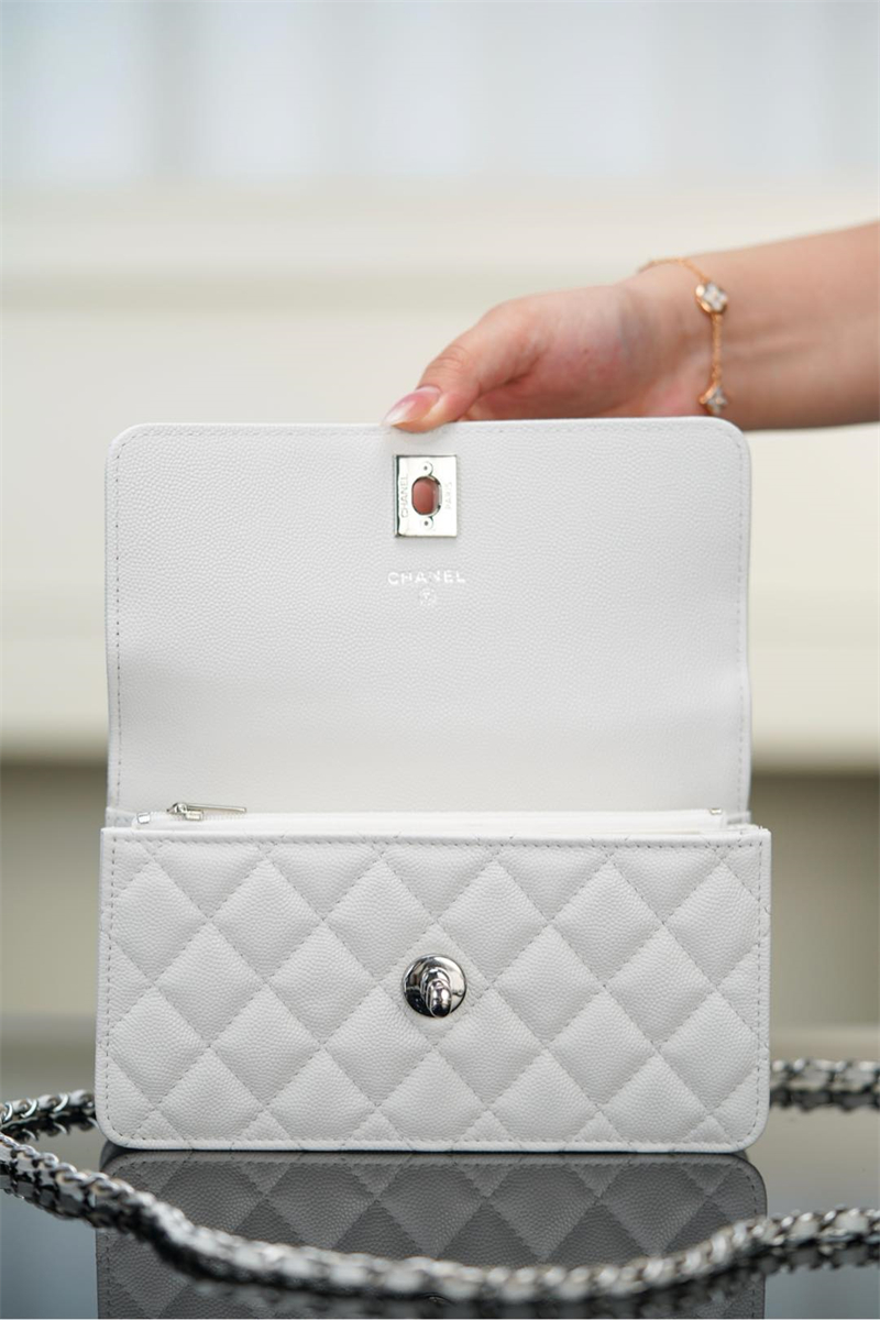 샤넬 25P 탑핸들 플랩 미니 백 화이트 실버 메탈