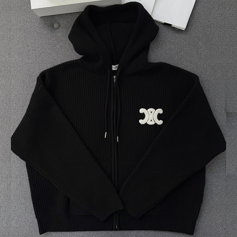 셀린느 트리옹프 자수 리브드 울 후드 집업 가디건